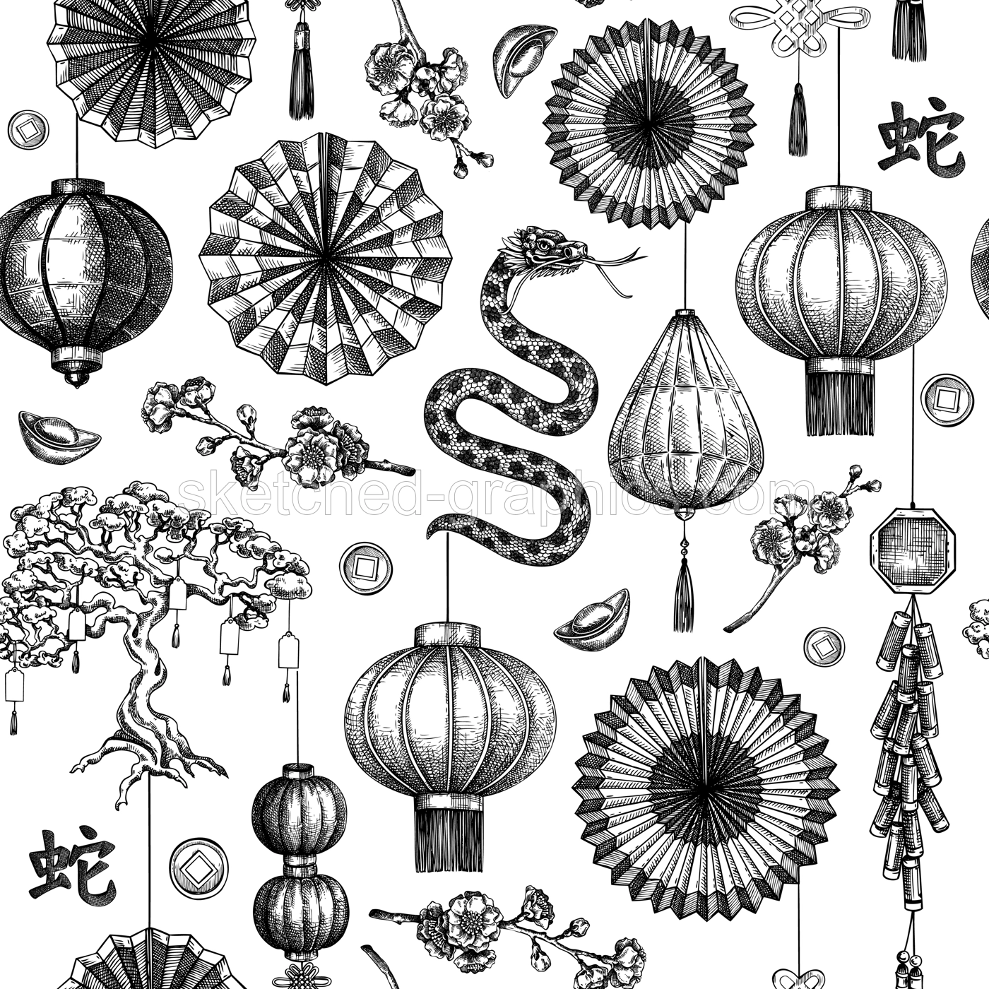 Traditional China seamless pattern. Chinese New Year dbackground. Hand-drawn vector illustrations. NOT AI generated Illustration